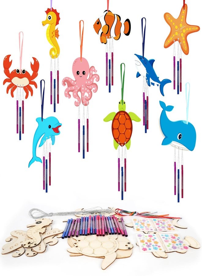 Sealmic Wooden Ocean Animals Wind Chime Kit Make Your Own Sea Animal Crafts Coloring DIY Wind Chime kit for Summer Activities Birthday Favor School Home Art Party Decorations 9 Pack - Image 1